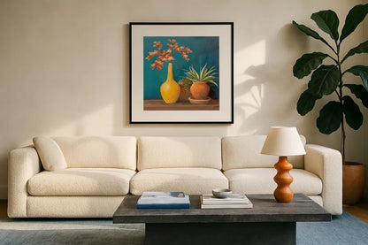 Richness of Life II by Julia Purinton. Displayed in a glass frame with matte in a clean modern living room. Available as an archival giclee rolled canvas, fine art paper, or poster print. SKU 81170a.