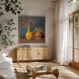 Richness of Life II Deep Blue by Julia Purinton. Shown in a natural wood frame in a cozy modern living room. Available as an archival giclee rolled canvas, fine art paper, or poster print. SKU 81858a.