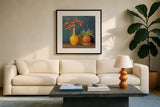 Richness of Life II Deep Blue by Julia Purinton. Displayed in a glass frame with matte in a clean modern living room. Available as an archival giclee rolled canvas, fine art paper, or poster print. SKU 81858a.