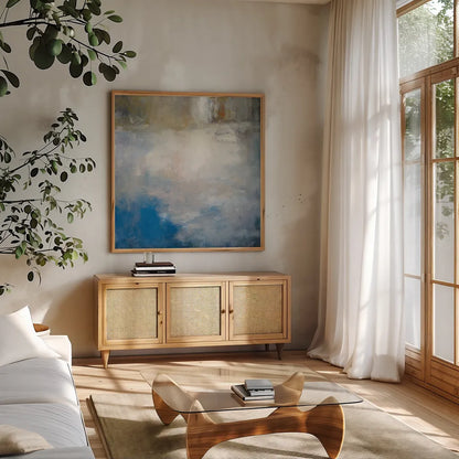 River Abstract by Julia Purinton. Shown in a natural wood frame in a cozy modern living room. Available as an archival giclee rolled canvas, fine art paper, or poster print. SKU 60270a.