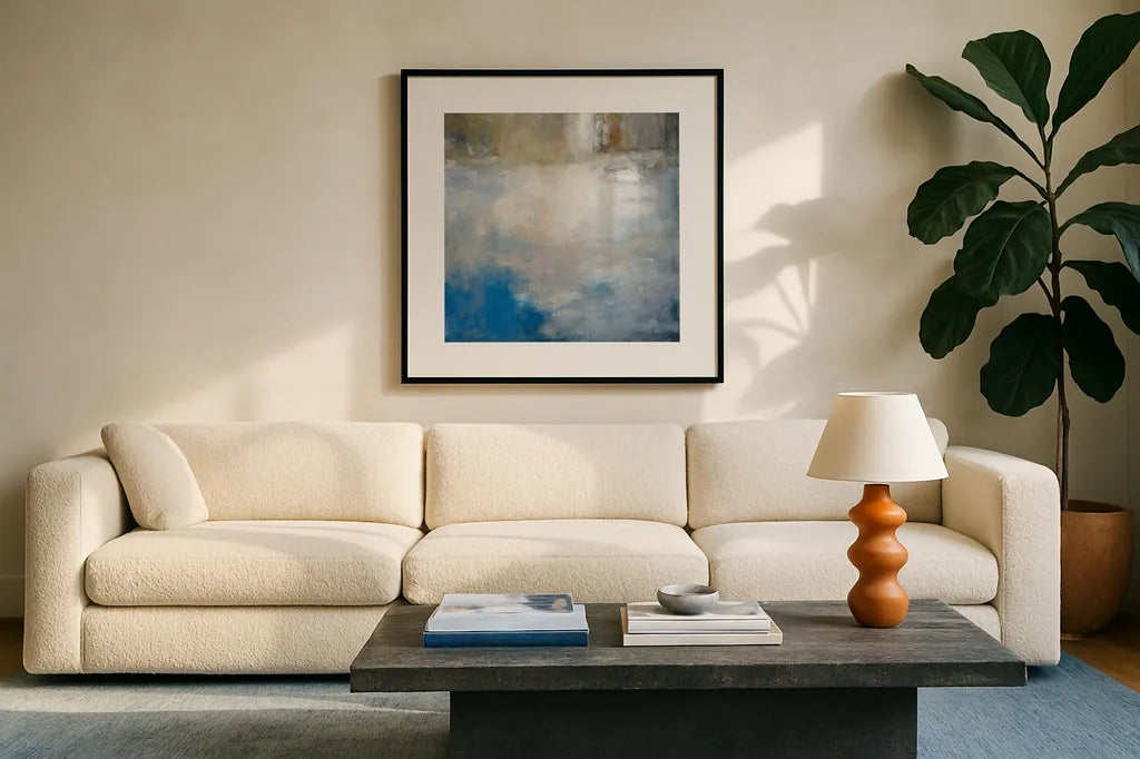 River Abstract by Julia Purinton. Displayed in a glass frame with matte in a clean modern living room. Available as an archival giclee rolled canvas, fine art paper, or poster print. SKU 60270a.