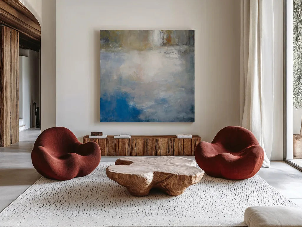 River Abstract by Julia Purinton. Shown as extra-large giant wall art in a modern living room. Available as an archival giclee rolled canvas, fine art paper, or poster print. SKU 60270a.