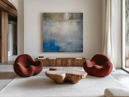 River Abstract by Julia Purinton. Shown as extra-large giant wall art in a modern living room. Available as an archival giclee rolled canvas, fine art paper, or poster print. SKU 60270a.