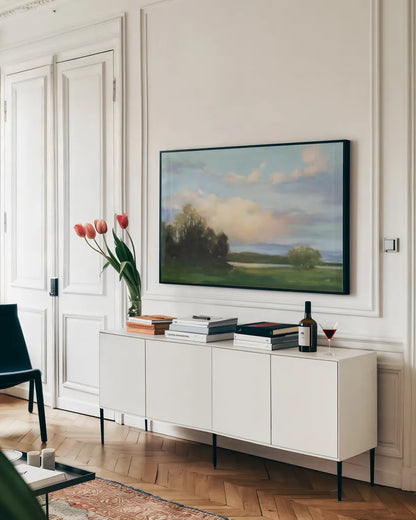 Riverside Reverie by Julia Purinton. shown as a framed stretched canvas in a living room above a console. Available as a archival giclee rolled canvas, fine art paper, or poster print. SKU 94975i.