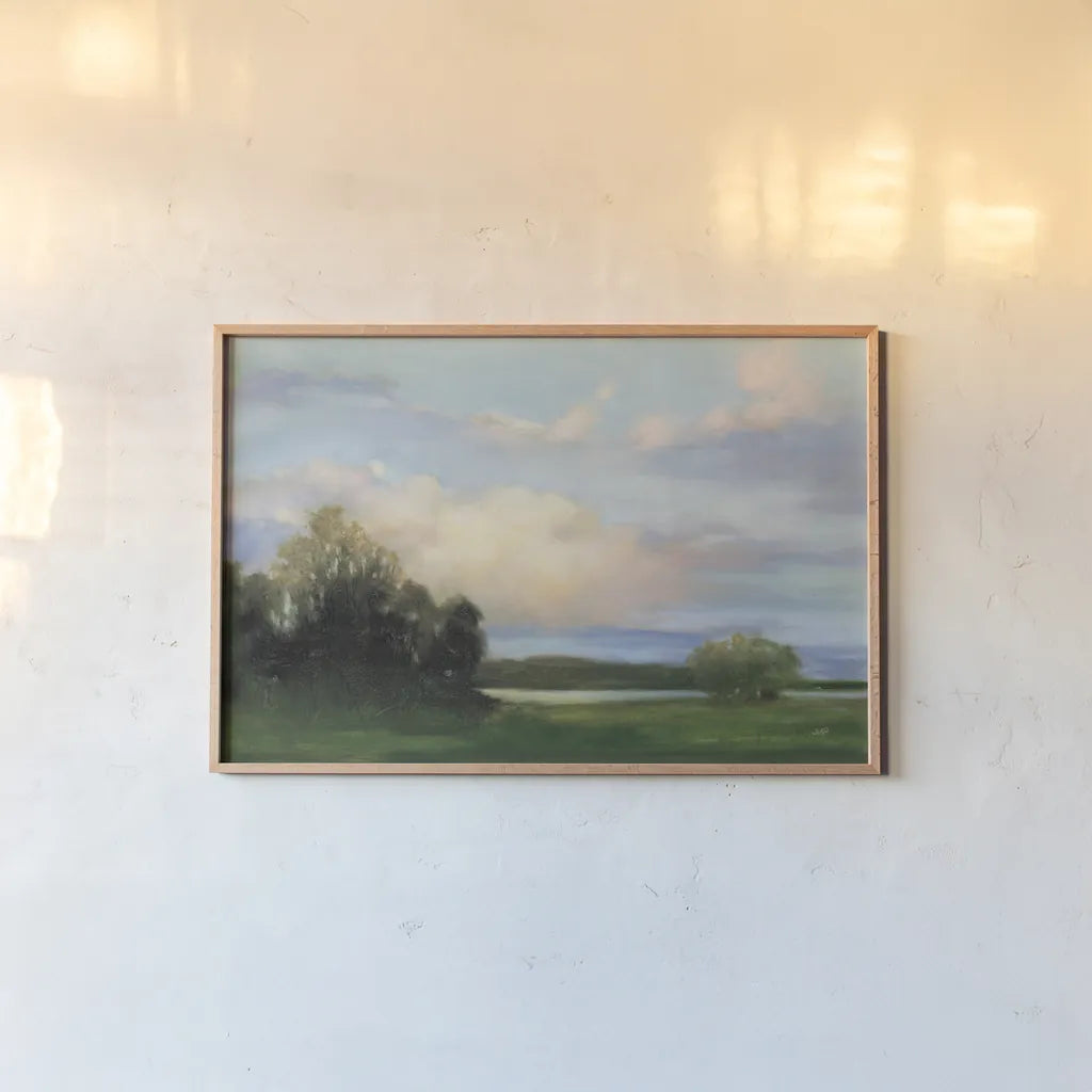 Riverside Reverie by Julia Purinton. shown as a paper print in a natural frame. Available as a archival giclee rolled canvas, fine art paper, or poster print. SKU 94975i.