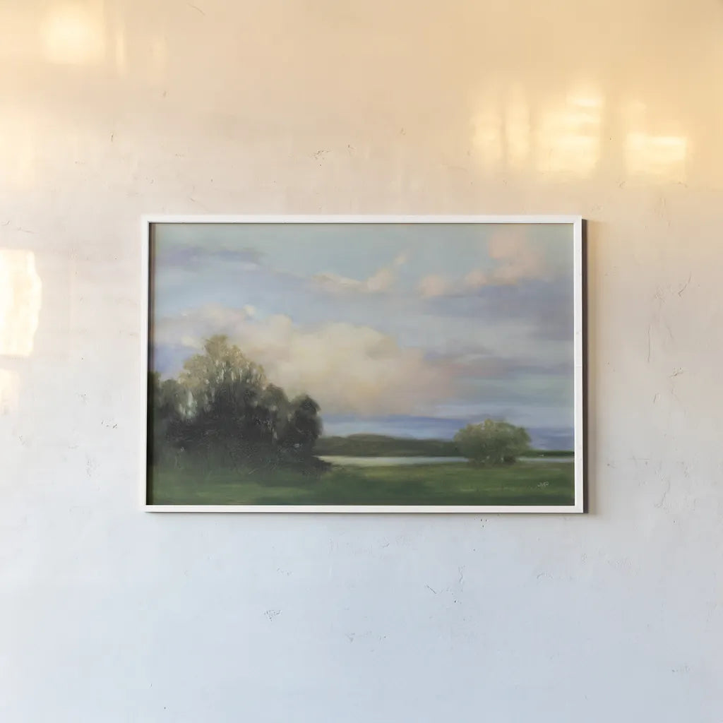 Riverside Reverie by Julia Purinton. shown as a paper print in a white frame. Available as a archival giclee rolled canvas, fine art paper, or poster print. SKU 94975i.