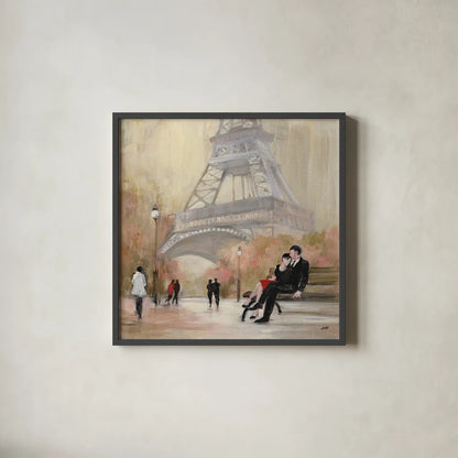 Romantic Paris I by Julia Purinton. Shown in a sleek black glass frame for a contemporary gallery look. Available as an archival giclee rolled canvas, fine art paper, or poster print. SKU 15469a.