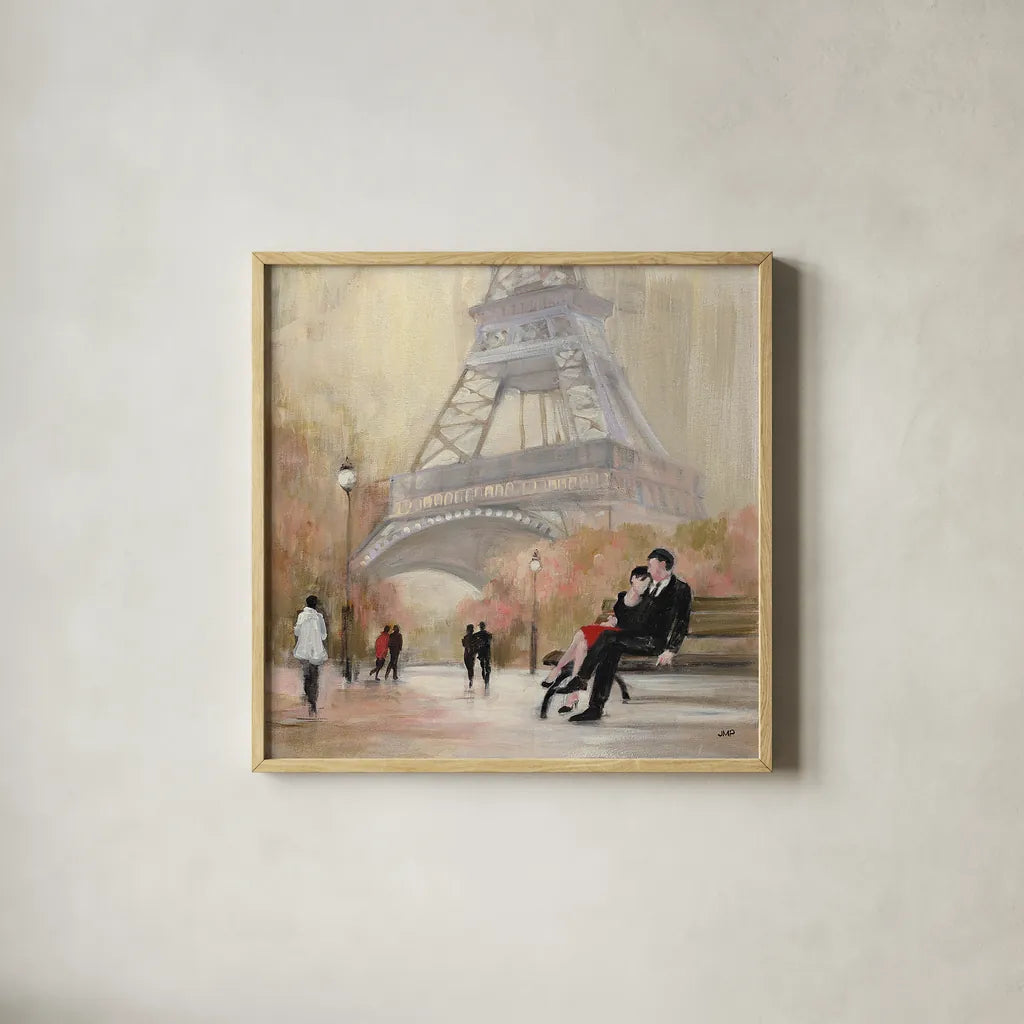 Romantic Paris I by Julia Purinton. Shown in a natural wood glass frame for a timeless modern aesthetic. Available as an archival giclee rolled canvas, fine art paper, or poster print. SKU 15469a.