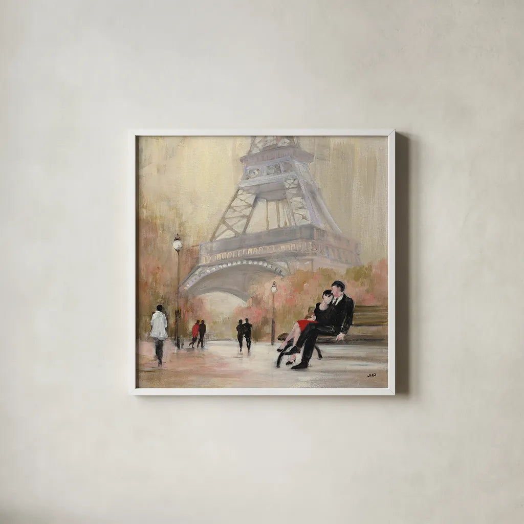 Romantic Paris I by Julia Purinton. Shown in a crisp white glass frame for a clean and minimalist style. Available as an archival giclee rolled canvas, fine art paper, or poster print. SKU 15469a.