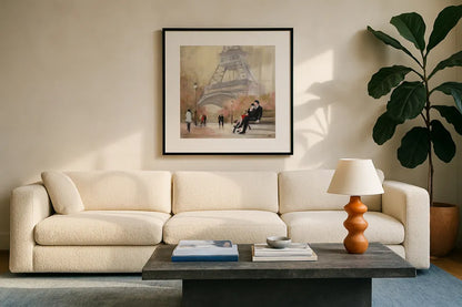 Romantic Paris I by Julia Purinton. Displayed in a glass frame with matte in a clean modern living room. Available as an archival giclee rolled canvas, fine art paper, or poster print. SKU 15469a.