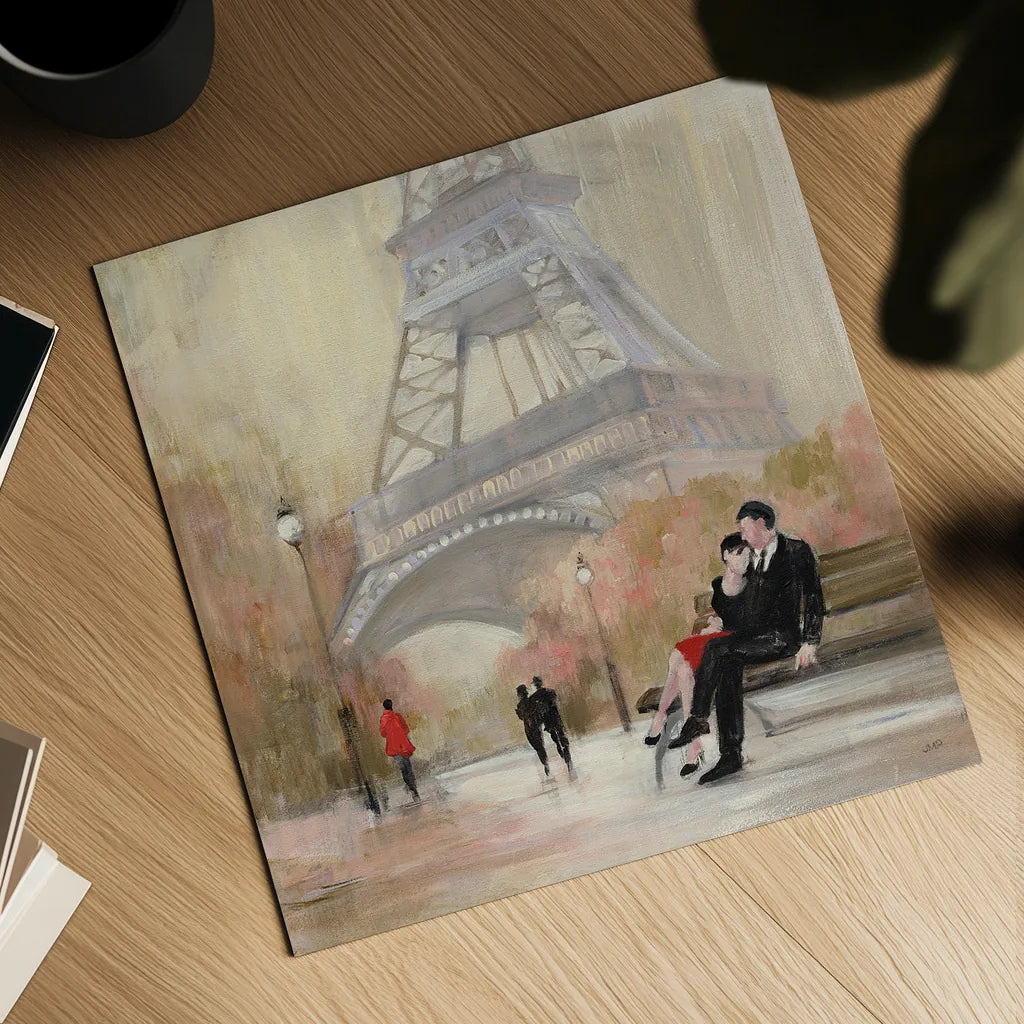 Romantic Paris I Red Jacket by Julia Purinton. Shown as a detailed flat fine art print, highlighting archival giclee quality. Available as an archival giclee rolled canvas, fine art paper, or poster print. SKU 20065a.