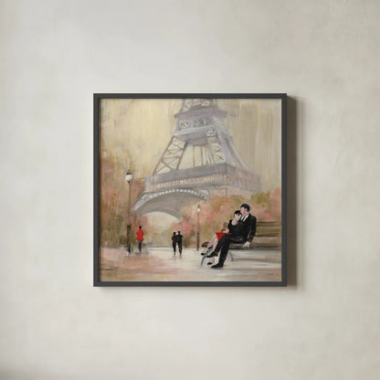 Romantic Paris I Red Jacket by Julia Purinton. Shown in a sleek black glass frame for a contemporary gallery look. Available as an archival giclee rolled canvas, fine art paper, or poster print. SKU 20065a.
