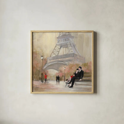 Romantic Paris I Red Jacket by Julia Purinton. Shown in a natural wood glass frame for a timeless modern aesthetic. Available as an archival giclee rolled canvas, fine art paper, or poster print. SKU 20065a.