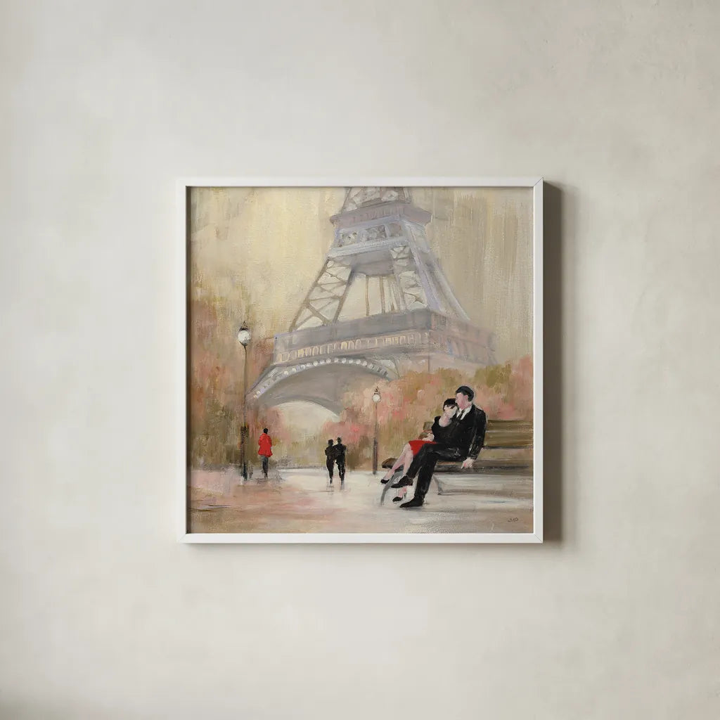 Romantic Paris I Red Jacket by Julia Purinton. Shown in a crisp white glass frame for a clean and minimalist style. Available as an archival giclee rolled canvas, fine art paper, or poster print. SKU 20065a.
