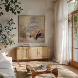 Romantic Paris I Red Jacket by Julia Purinton. Shown in a natural wood frame in a cozy modern living room. Available as an archival giclee rolled canvas, fine art paper, or poster print. SKU 20065a.