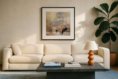 Romantic Paris I Red Jacket by Julia Purinton. Displayed in a glass frame with matte in a clean modern living room. Available as an archival giclee rolled canvas, fine art paper, or poster print. SKU 20065a.