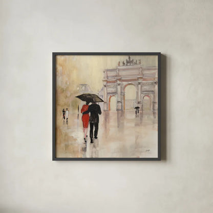 Romantic Paris II by Julia Purinton. Shown in a sleek black glass frame for a contemporary gallery look. Available as an archival giclee rolled canvas, fine art paper, or poster print. SKU 15470a.