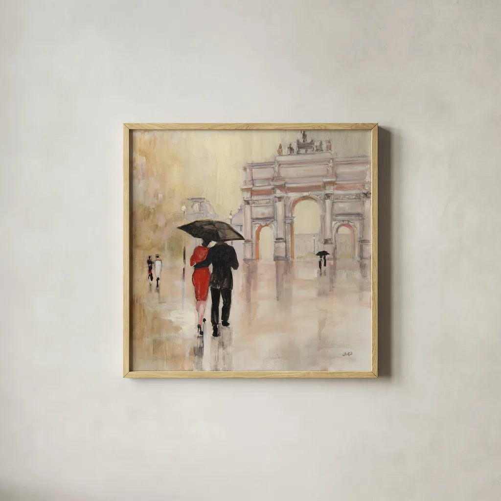 Romantic Paris II by Julia Purinton. Shown in a natural wood glass frame for a timeless modern aesthetic. Available as an archival giclee rolled canvas, fine art paper, or poster print. SKU 15470a.