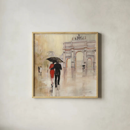 Romantic Paris II by Julia Purinton. Shown in a natural wood glass frame for a timeless modern aesthetic. Available as an archival giclee rolled canvas, fine art paper, or poster print. SKU 15470a.