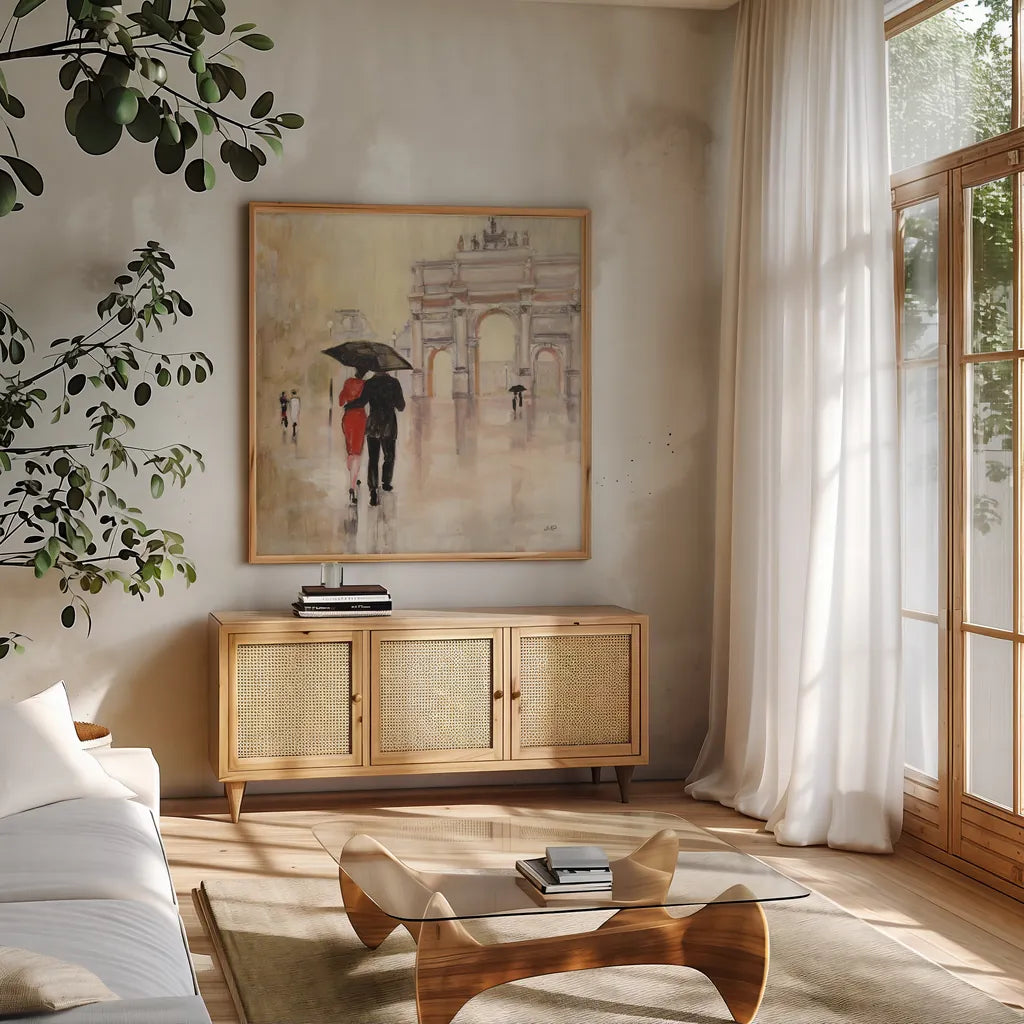 Romantic Paris II by Julia Purinton. Shown in a natural wood frame in a cozy modern living room. Available as an archival giclee rolled canvas, fine art paper, or poster print. SKU 15470a.