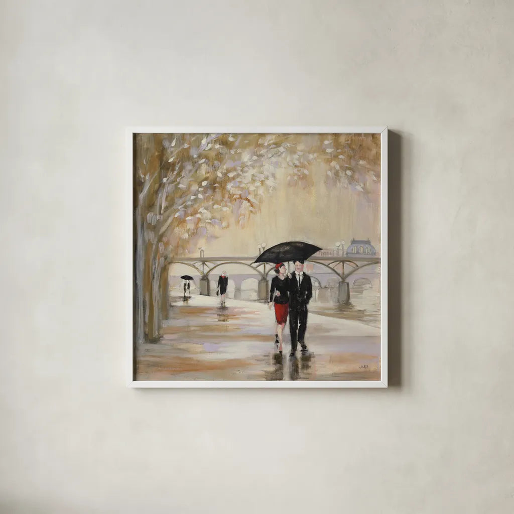 Romantic Paris III by Julia Purinton. Shown in a crisp white glass frame for a clean and minimalist style. Available as an archival giclee rolled canvas, fine art paper, or poster print. SKU 20982a.