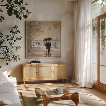Romantic Paris III by Julia Purinton. Shown in a natural wood frame in a cozy modern living room. Available as an archival giclee rolled canvas, fine art paper, or poster print. SKU 20982a.