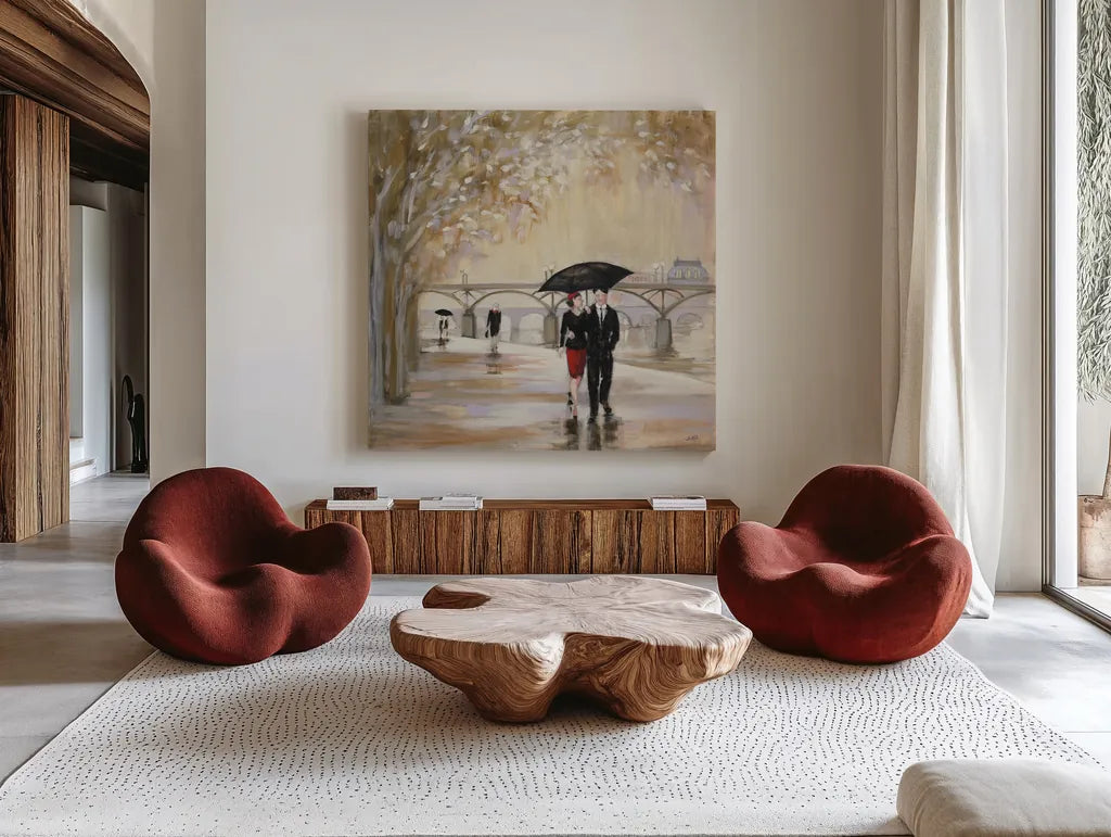 Romantic Paris III by Julia Purinton. Shown as extra-large giant wall art in a modern living room. Available as an archival giclee rolled canvas, fine art paper, or poster print. SKU 20982a.