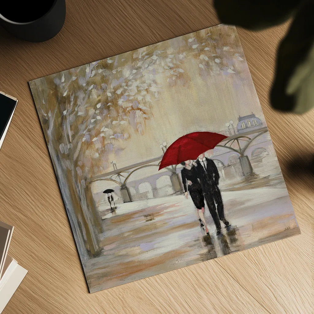 Romantic Paris III Red Umbrella by Julia Purinton. Shown as a detailed flat fine art print, highlighting archival giclee quality. Available as an archival giclee rolled canvas, fine art paper, or poster print. SKU 20066a.