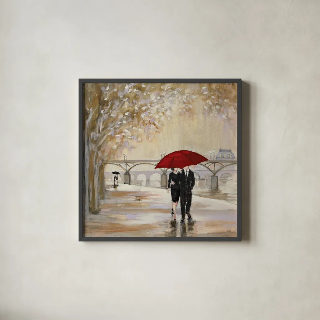 Romantic Paris III Red Umbrella by Julia Purinton. Shown in a sleek black glass frame for a contemporary gallery look. Available as an archival giclee rolled canvas, fine art paper, or poster print. SKU 20066a.