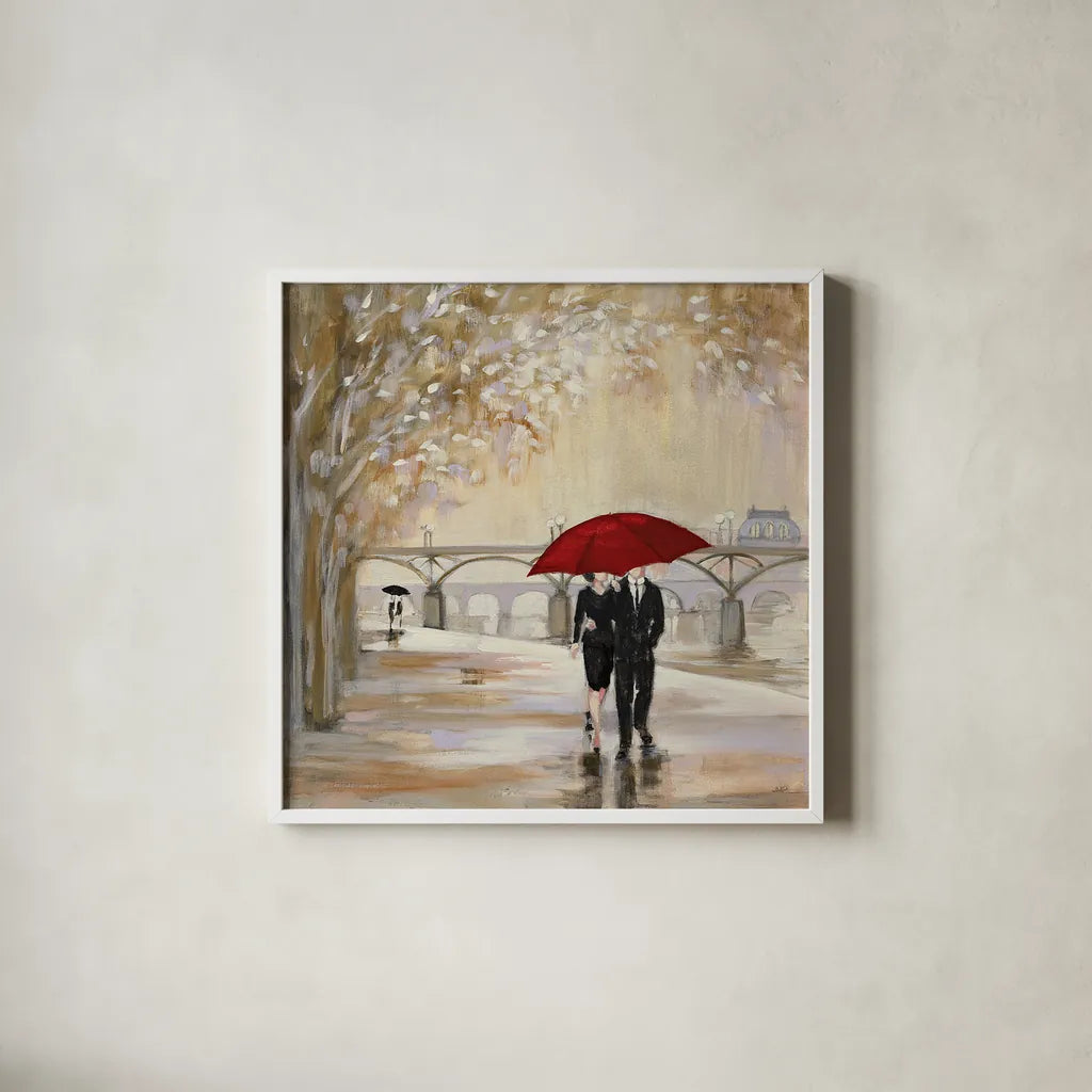 Romantic Paris III Red Umbrella by Julia Purinton. Shown in a crisp white glass frame for a clean and minimalist style. Available as an archival giclee rolled canvas, fine art paper, or poster print. SKU 20066a.