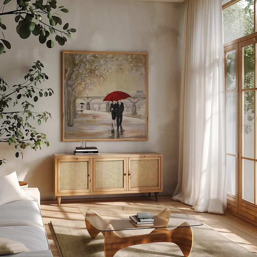 Romantic Paris III Red Umbrella by Julia Purinton. Shown in a natural wood frame in a cozy modern living room. Available as an archival giclee rolled canvas, fine art paper, or poster print. SKU 20066a.