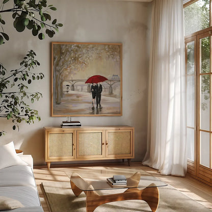 Romantic Paris III Red Umbrella by Julia Purinton. Shown in a natural wood frame in a cozy modern living room. Available as an archival giclee rolled canvas, fine art paper, or poster print. SKU 20066a.