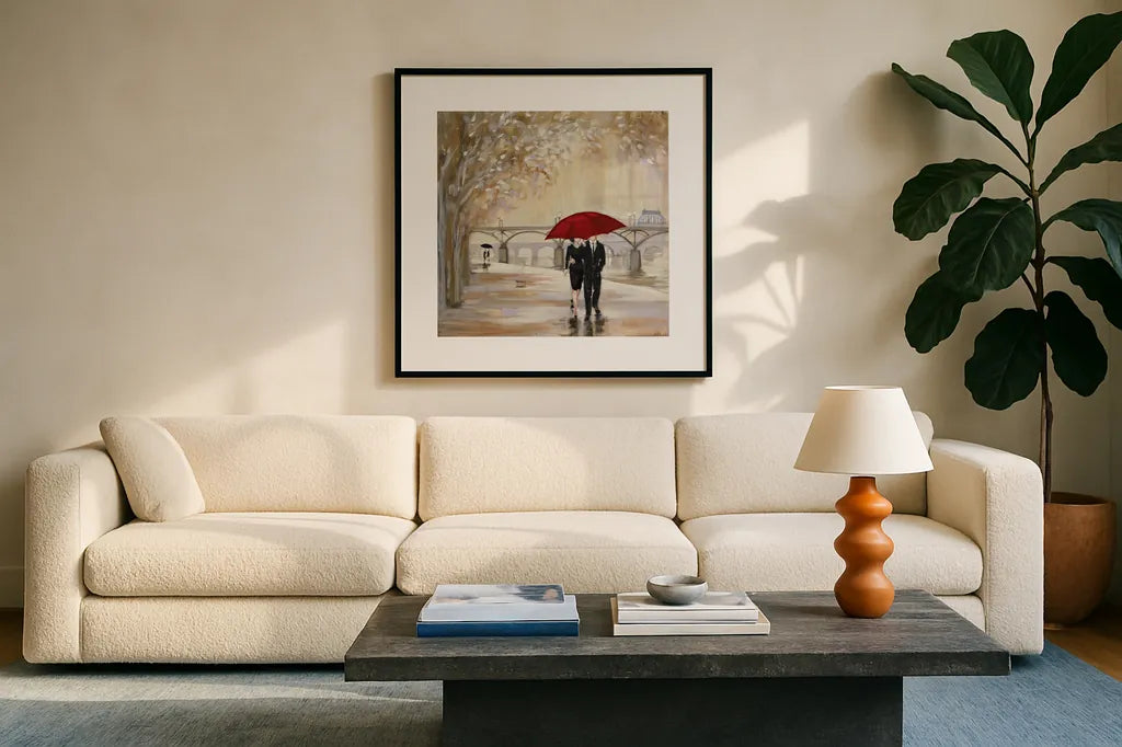 Romantic Paris III Red Umbrella by Julia Purinton. Displayed in a glass frame with matte in a clean modern living room. Available as an archival giclee rolled canvas, fine art paper, or poster print. SKU 20066a.
