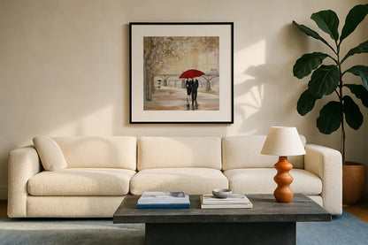 Romantic Paris III Red Umbrella by Julia Purinton. Displayed in a glass frame with matte in a clean modern living room. Available as an archival giclee rolled canvas, fine art paper, or poster print. SKU 20066a.