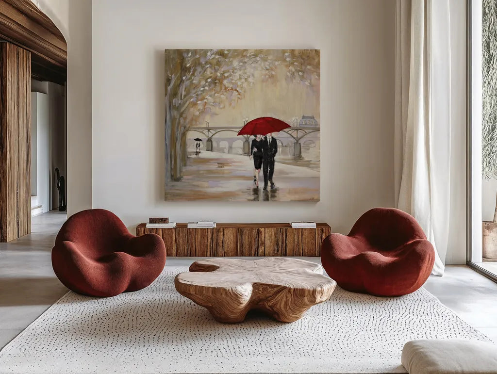 Romantic Paris III Red Umbrella by Julia Purinton. Shown as extra-large giant wall art in a modern living room. Available as an archival giclee rolled canvas, fine art paper, or poster print. SKU 20066a.