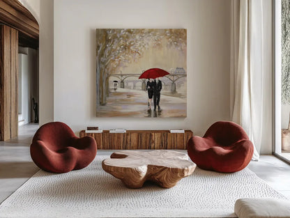 Romantic Paris III Red Umbrella by Julia Purinton. Shown as extra-large giant wall art in a modern living room. Available as an archival giclee rolled canvas, fine art paper, or poster print. SKU 20066a.