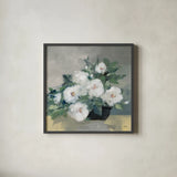 Roses of August I by Julia Purinton. Shown in a sleek black glass frame for a contemporary gallery look. Available as an archival giclee rolled canvas, fine art paper, or poster print. SKU 75687a.