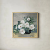 Roses of August I by Julia Purinton. Shown in a natural wood glass frame for a timeless modern aesthetic. Available as an archival giclee rolled canvas, fine art paper, or poster print. SKU 75687a.