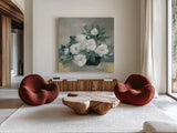 Roses of August I by Julia Purinton. Shown as extra-large giant wall art in a modern living room. Available as an archival giclee rolled canvas, fine art paper, or poster print. SKU 75687a.
