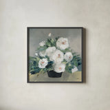 Roses of August II by Julia Purinton. Shown in a sleek black glass frame for a contemporary gallery look. Available as an archival giclee rolled canvas, fine art paper, or poster print. SKU 75688a.