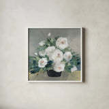 Roses of August II by Julia Purinton. Shown in a crisp white glass frame for a clean and minimalist style. Available as an archival giclee rolled canvas, fine art paper, or poster print. SKU 75688a.