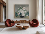 Roses of August II by Julia Purinton. Shown as extra-large giant wall art in a modern living room. Available as an archival giclee rolled canvas, fine art paper, or poster print. SKU 75688a.