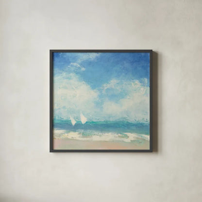 Rounding the Buoy by Julia Purinton. Shown in a sleek black glass frame for a contemporary gallery look. Available as an archival giclee rolled canvas, fine art paper, or poster print. SKU 43391a.