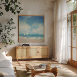 Rounding the Buoy by Julia Purinton. Shown in a natural wood frame in a cozy modern living room. Available as an archival giclee rolled canvas, fine art paper, or poster print. SKU 43391a.