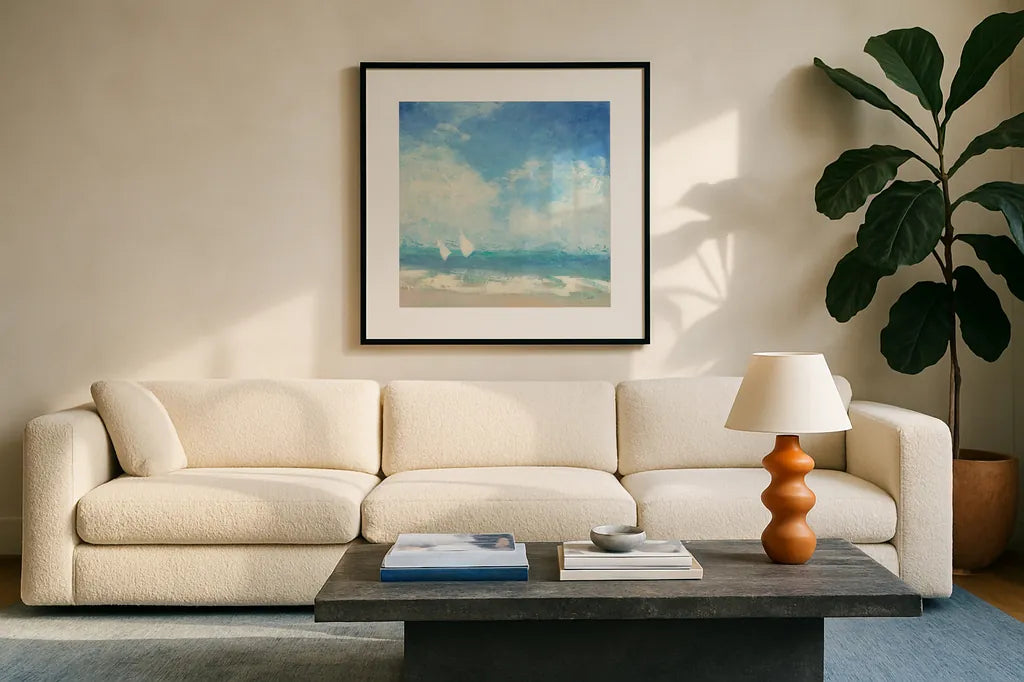 Rounding the Buoy by Julia Purinton. Displayed in a glass frame with matte in a clean modern living room. Available as an archival giclee rolled canvas, fine art paper, or poster print. SKU 43391a.