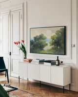 Rural Retreat by Julia Purinton. shown as a framed stretched canvas in a living room above a console. Available as a archival giclee rolled canvas, fine art paper, or poster print. SKU 85168i.