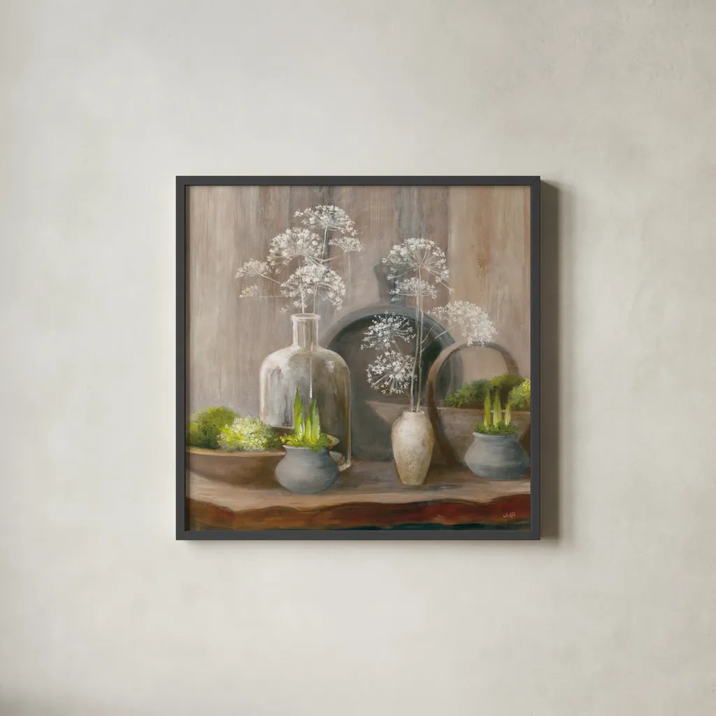 Rustic Elegance I Crop by Julia Purinton. Shown in a sleek black glass frame for a contemporary gallery look. Available as an archival giclee rolled canvas, fine art paper, or poster print. SKU 78031a.