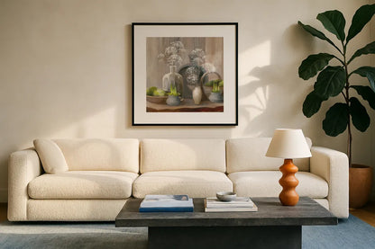 Rustic Elegance I Crop by Julia Purinton. Displayed in a glass frame with matte in a clean modern living room. Available as an archival giclee rolled canvas, fine art paper, or poster print. SKU 78031a.