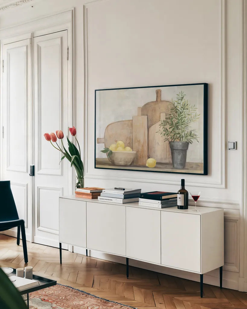 Rustic Kitchen by Julia Purinton. shown as a framed stretched canvas in a living room above a console. Available as a archival giclee rolled canvas, fine art paper, or poster print. SKU 72079i.