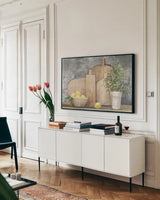 Rustic Kitchen Gray by Julia Purinton. shown as a framed stretched canvas in a living room above a console. Available as a archival giclee rolled canvas, fine art paper, or poster print. SKU 80772i.